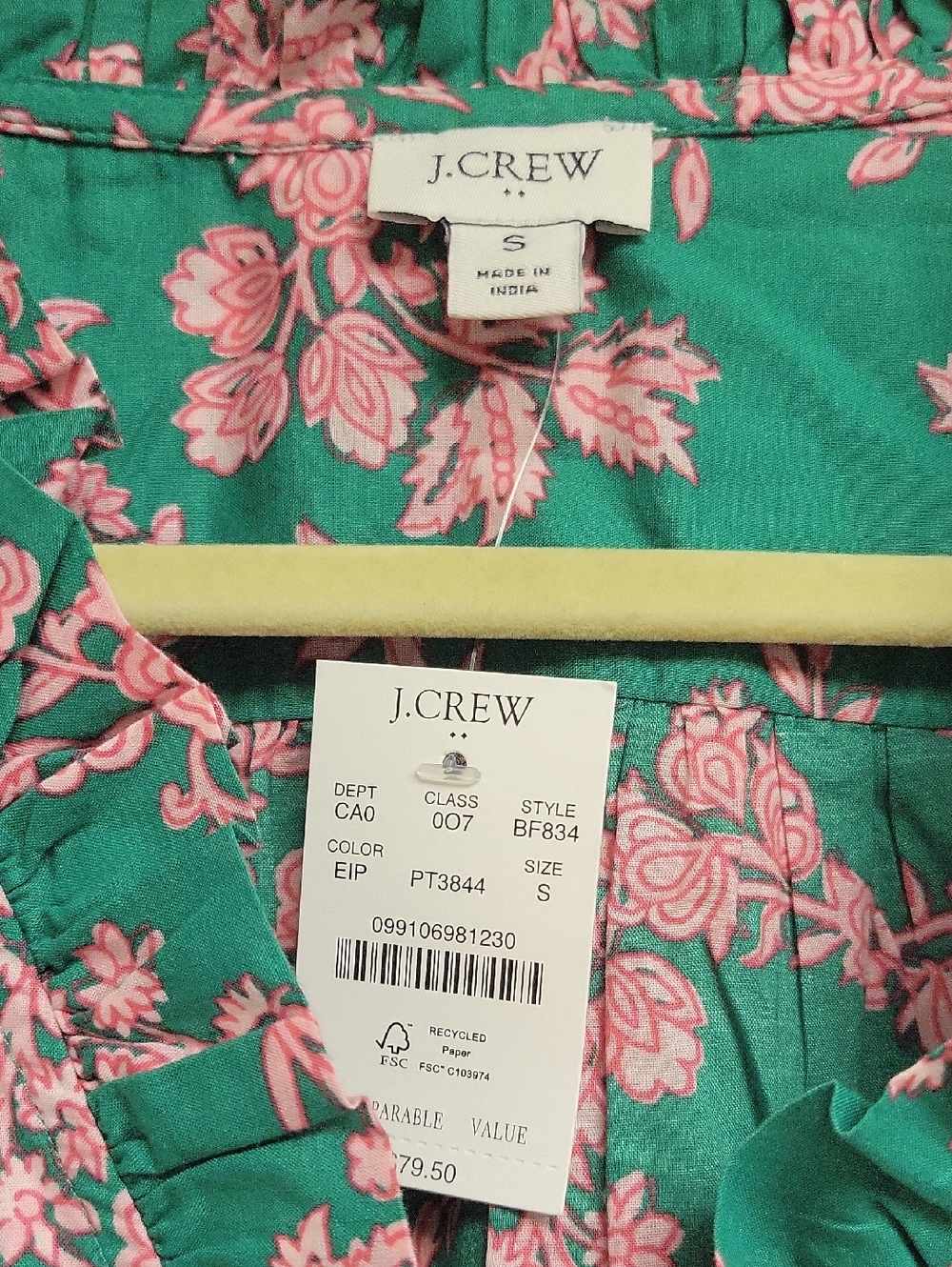 J. Crew Teal Green Floral Ruffle-Sleeve Blouse Small New Summer Preppy Colorful - Picture 2 of 5